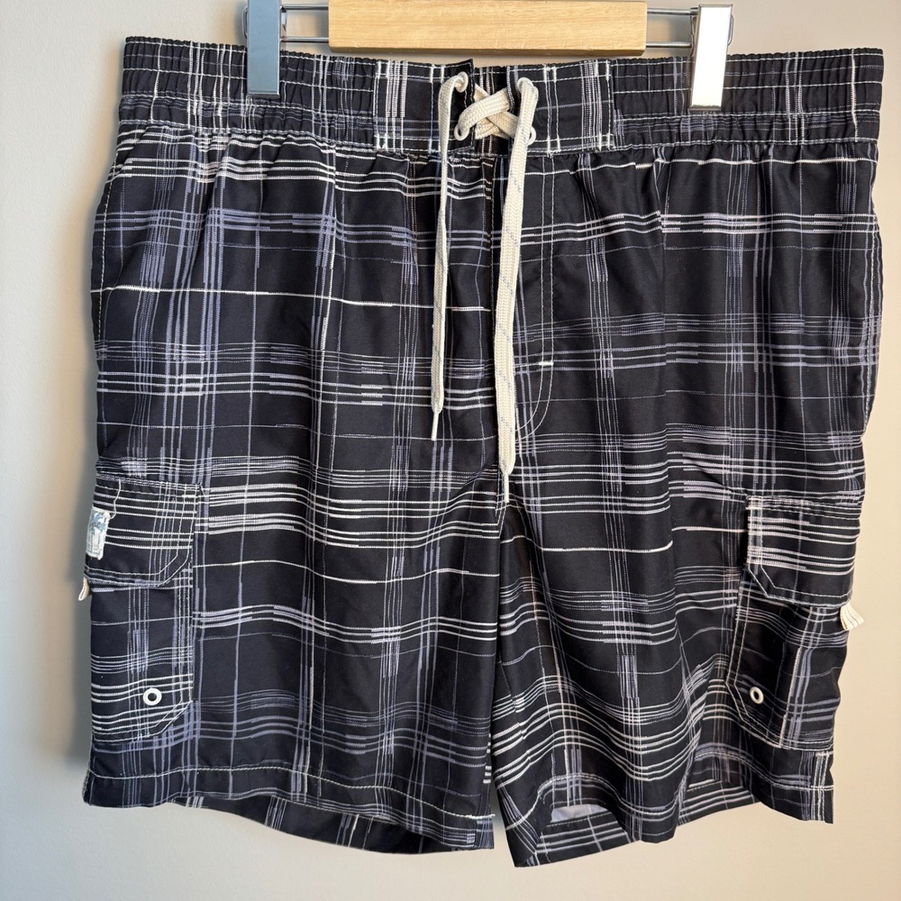 Caribbean Joe Vintage Y2K Plaid Cargo Swim Trunks Board Shorts Mens Black Medium